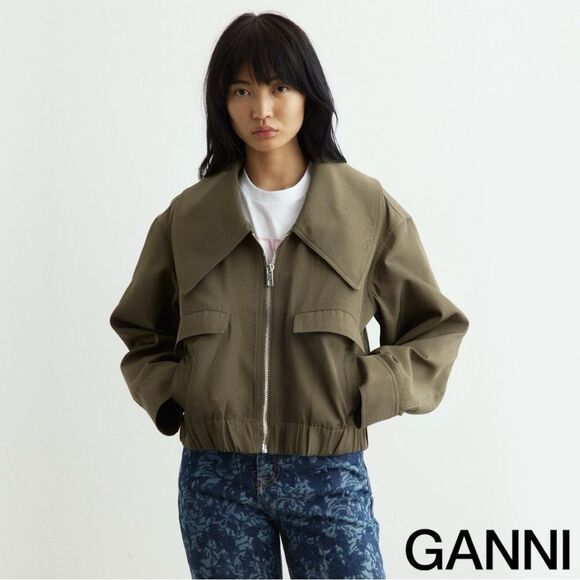 GANNI **NWT** Kalamata Green Heavy Twill Wide Collar Short Jacket - Picture 1 of 15